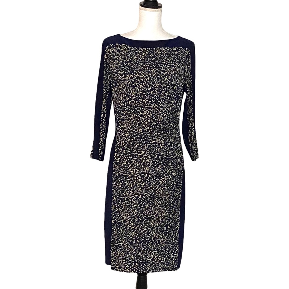 Ralph Lauren Long Sleeve Boatneck Ruched Dress Women SZ 12 Navy & Cream